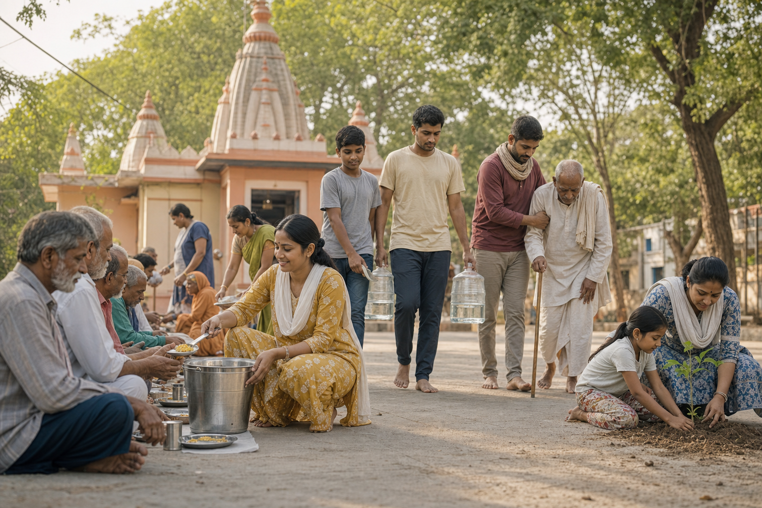 Volunteers serve food and water, help an elderly person, and care for a sapling in a community courtyard.