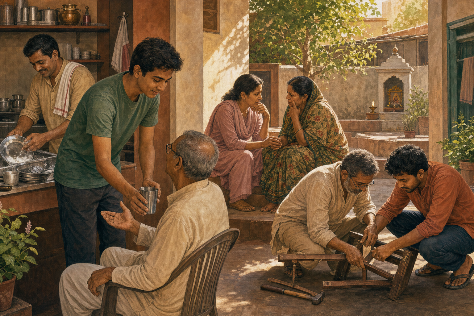 People in a community courtyard listen, serve water, wash dishes, and repair a stool together after a devotional gathering.