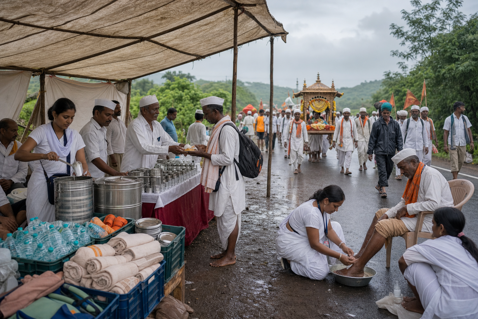 Roadside volunteers provide water, food and basic foot care to pilgrims as the procession continues in the distance.