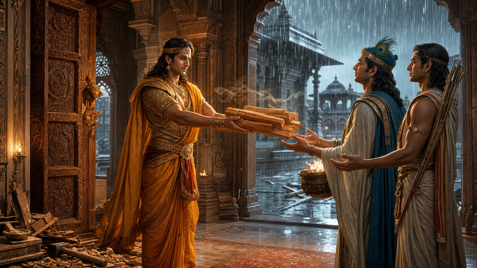 Karna offers dry sandalwood from a palace door to two petitioners as monsoon rain floods the courtyard.