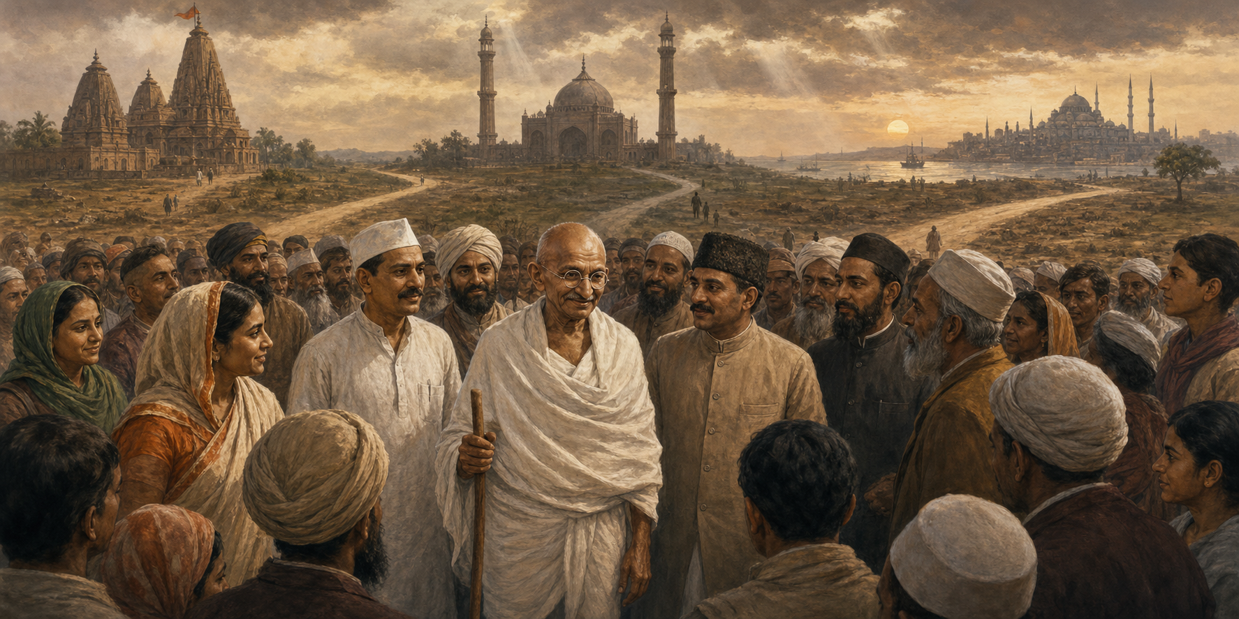 Historical illustration of Gandhi standing among Hindu and Muslim supporters, with temple, mosque, and Ottoman architectural silhouettes in the background.
