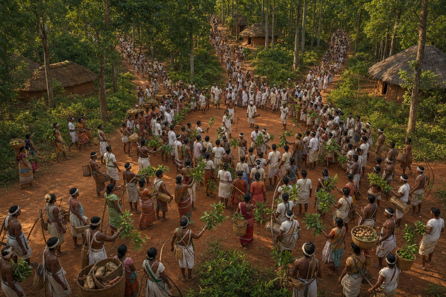 Groups of Santal villagers travel along forest paths and converge on a large organized gathering at Bhognadih.