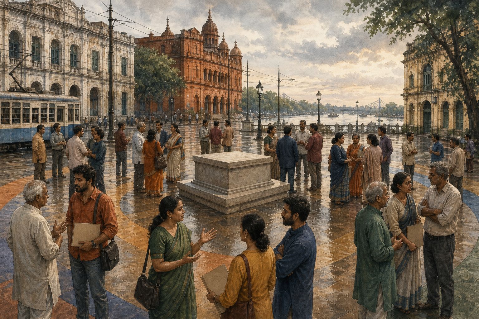 West Bengal residents gather in discussion in a riverside civic square surrounded by Bengali and Kolkata-inspired architecture.