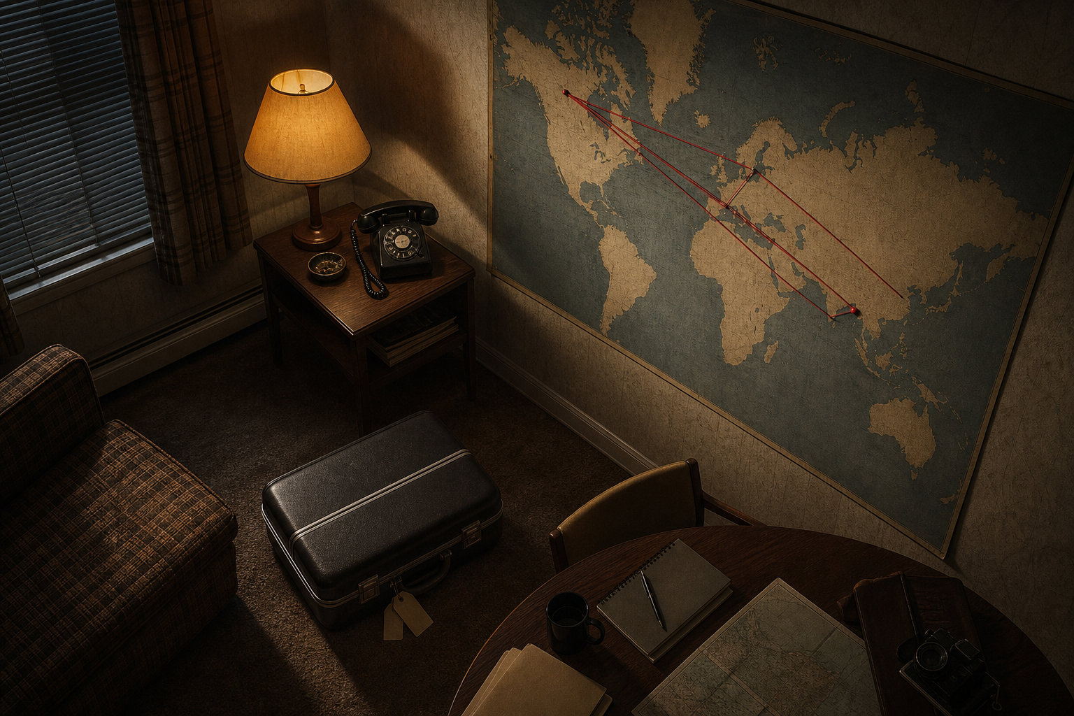 A dim 1980s room contains a telephone, a closed suitcase and an unlabeled wall map connected by threads across the Atlantic.