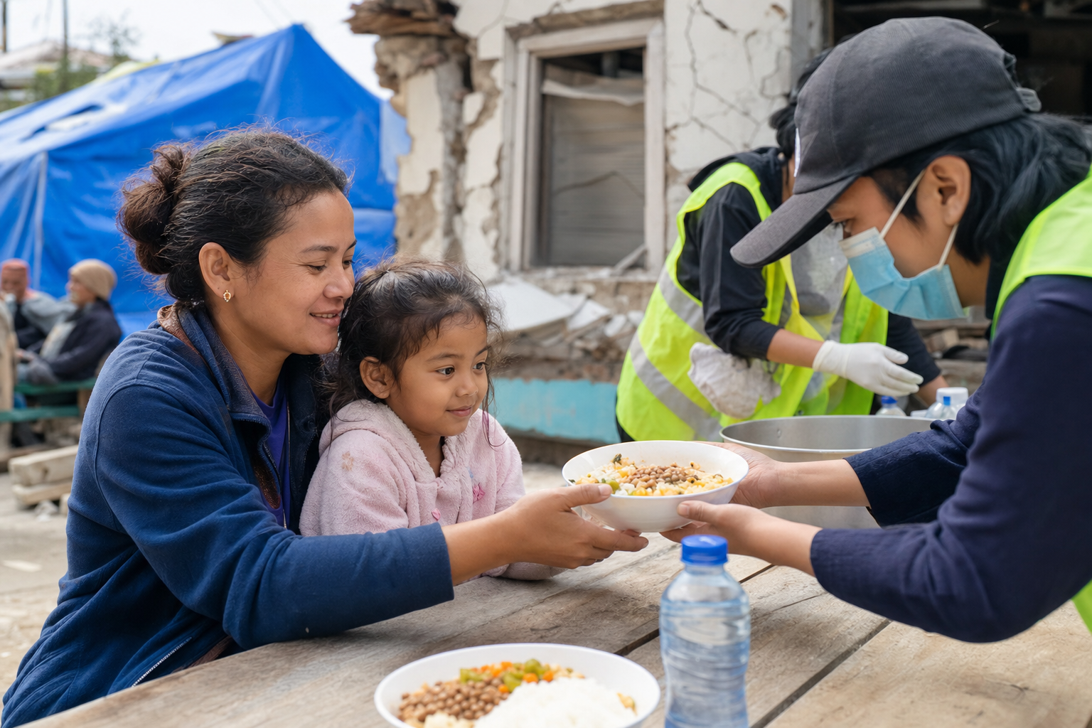 A parent and child eat steaming bowls of rice, lentils and vegetables beside temporary earthquake shelters.