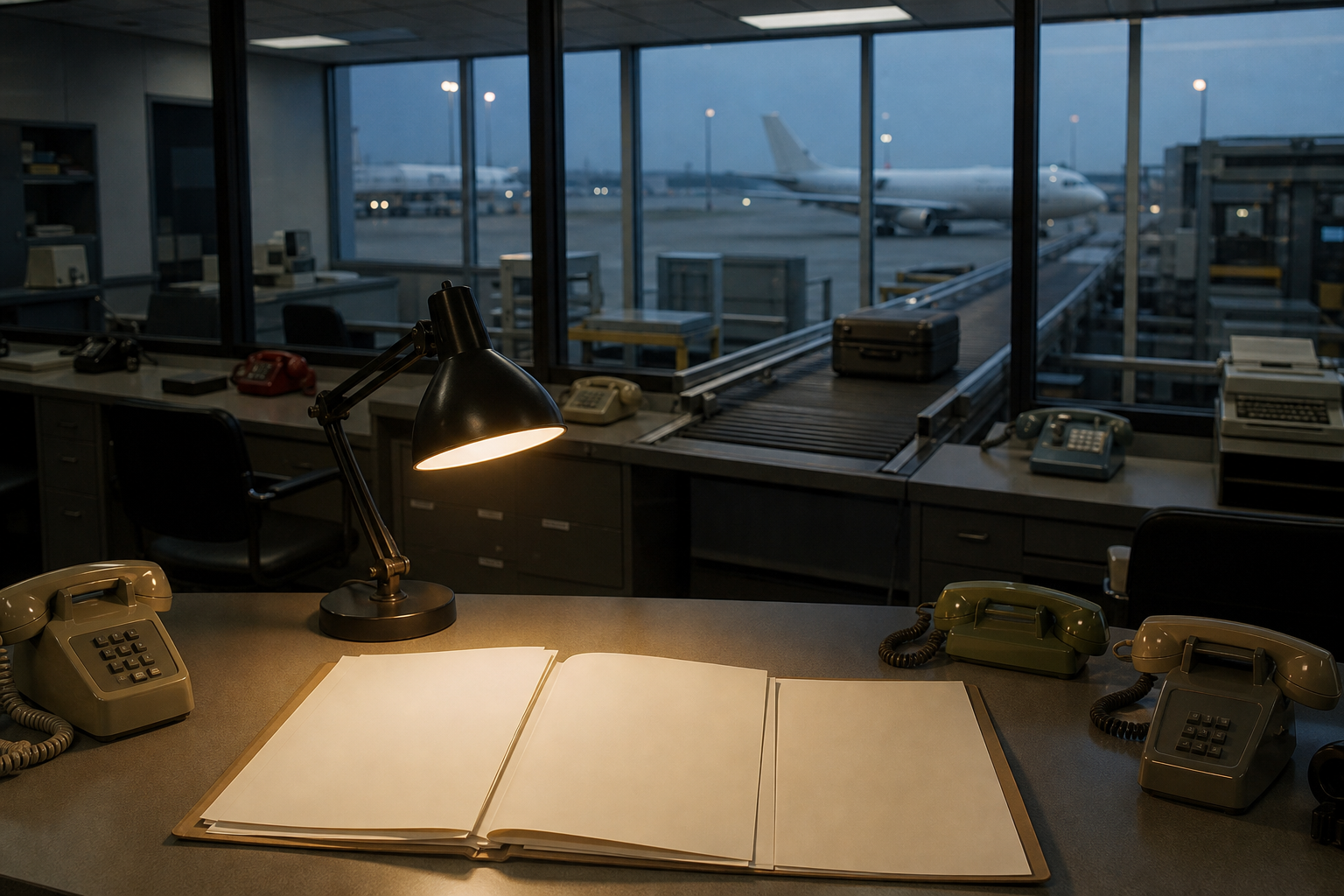 An unattended folder, disconnected telephones and empty airport workstations sit behind a suitcase moving along a baggage conveyor.