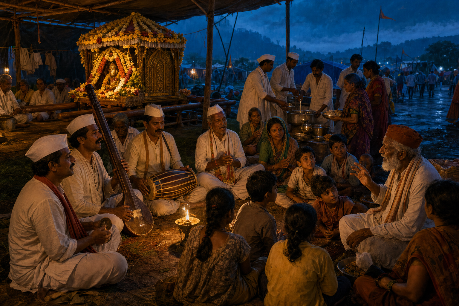 Pilgrims sing devotional music beside a resting palanquin while volunteers serve food and children listen to an elder.