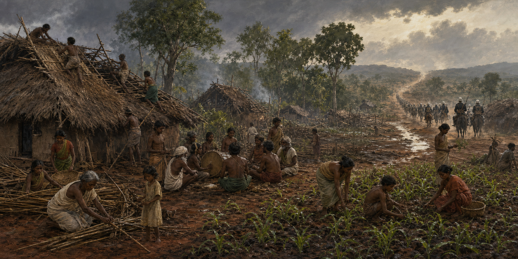 Santal villagers repair homes and fields after the uprising as a colonial military column recedes in the distance.