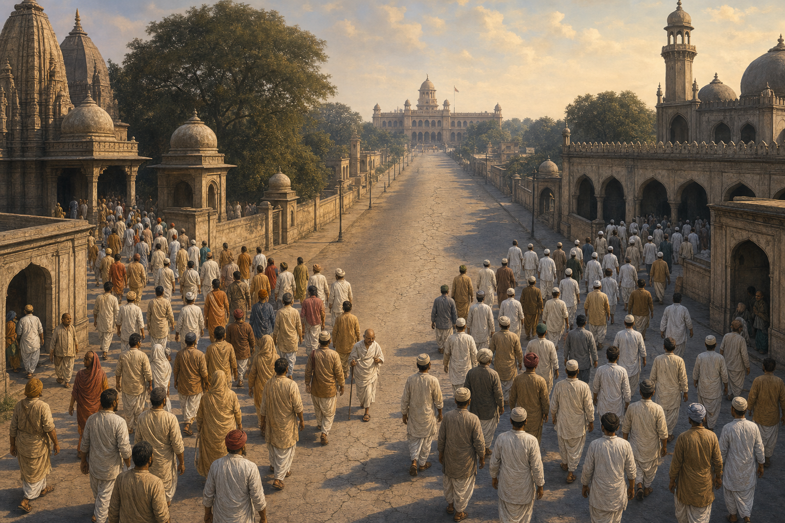 Two groups of Indian demonstrators converge near Gandhi on a shared road that begins to crack as it approaches a colonial building.