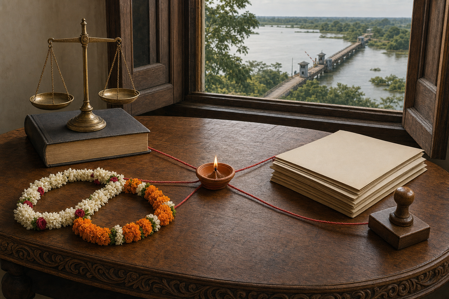 An unmarked law book, wedding garlands, classification files, and a distant river checkpoint are arranged on a wooden table and linked by red threads.