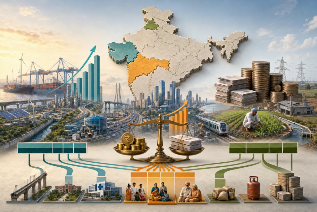 Editorial illustration comparing Maharashtra, Gujarat and Punjab budgets through an India map, infrastructure, farming, debt stacks and rupee scales.
