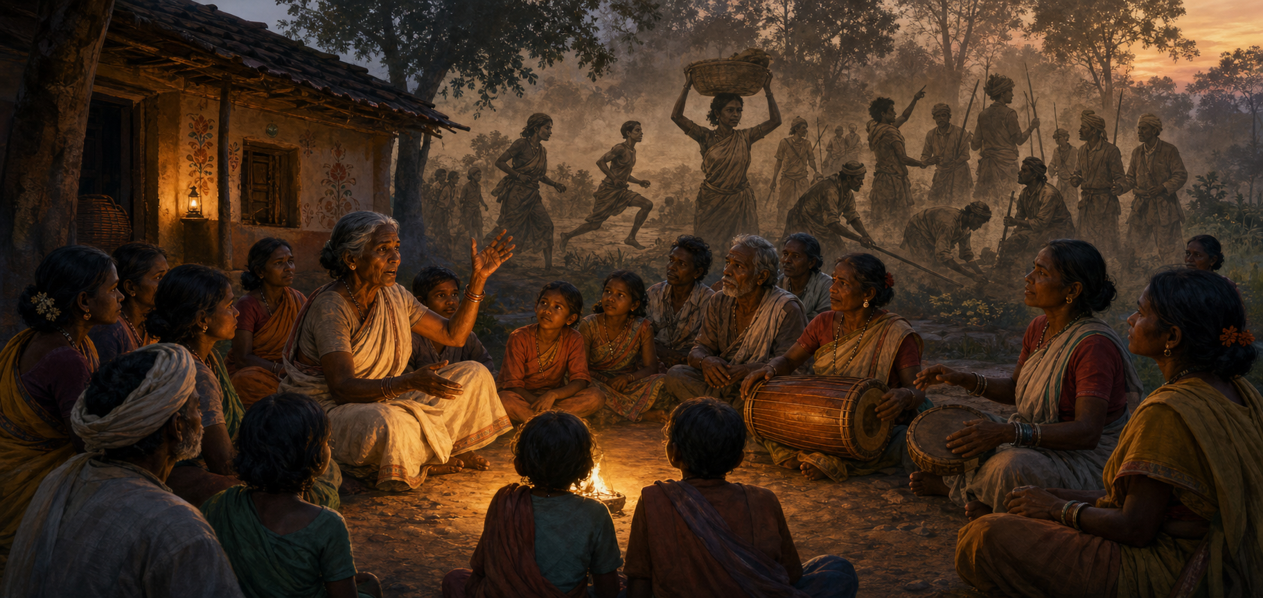 An older woman shares oral history with a multigenerational Santal gathering as musicians play in a village courtyard at dusk.