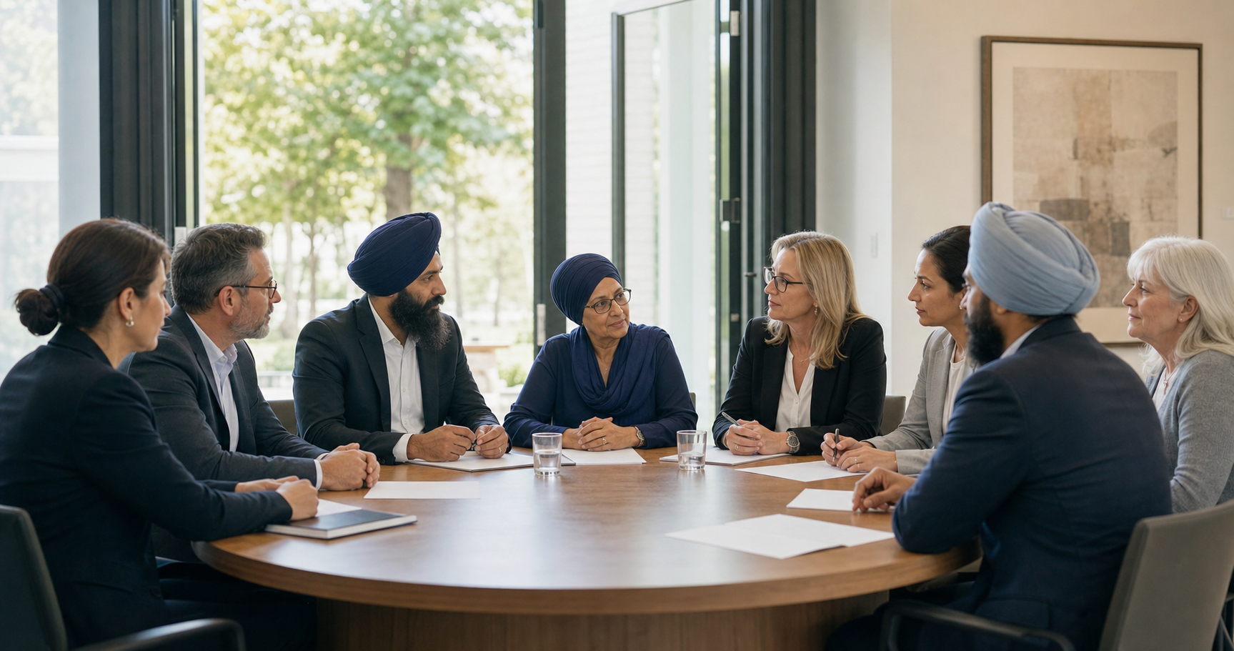 Security officials, legal professionals and Sikh community representatives meet around a circular table in a bright civic room.