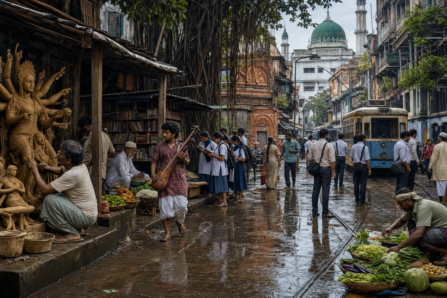 Artisans, students, commuters, vendors, and neighbors share a rain-wet West Bengal street with varied cultural architecture in the background.