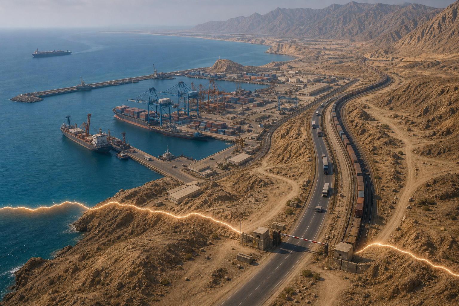 A deep-water port with container cranes, cargo ships, and an inland transport corridor crossing a marked boundary in rugged coastal terrain.