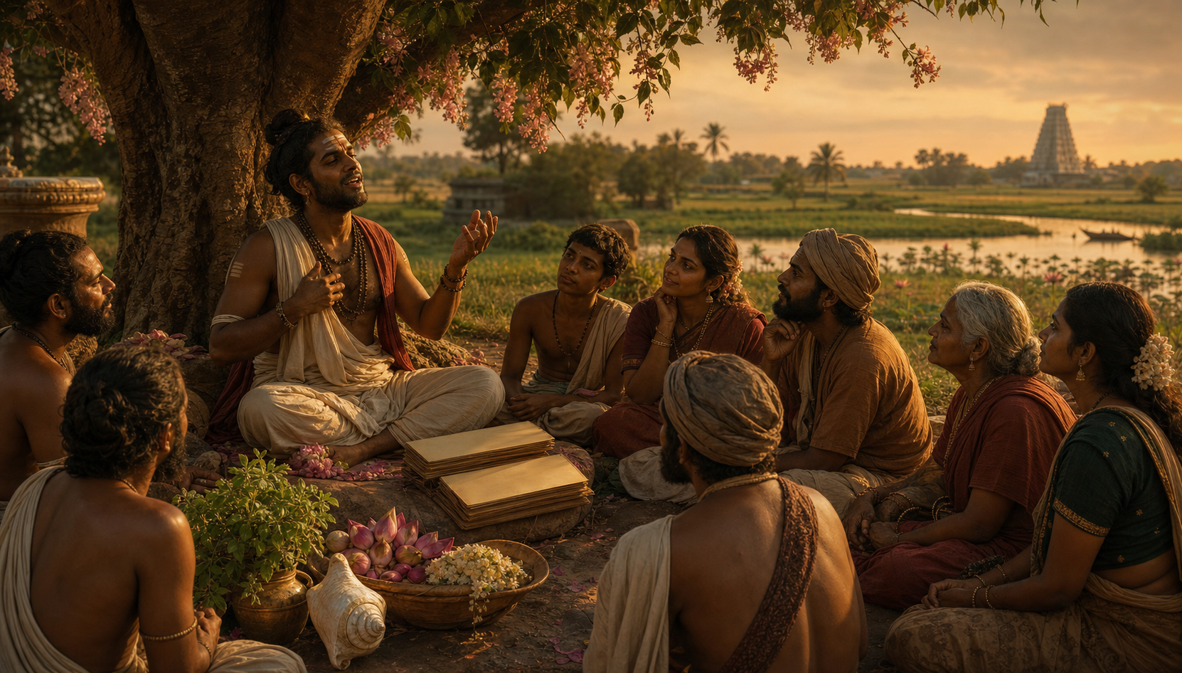 A Tamil poet-devotee sings beneath a flowering tree as a mixed group of listeners gathers near palm leaves and a distant temple.