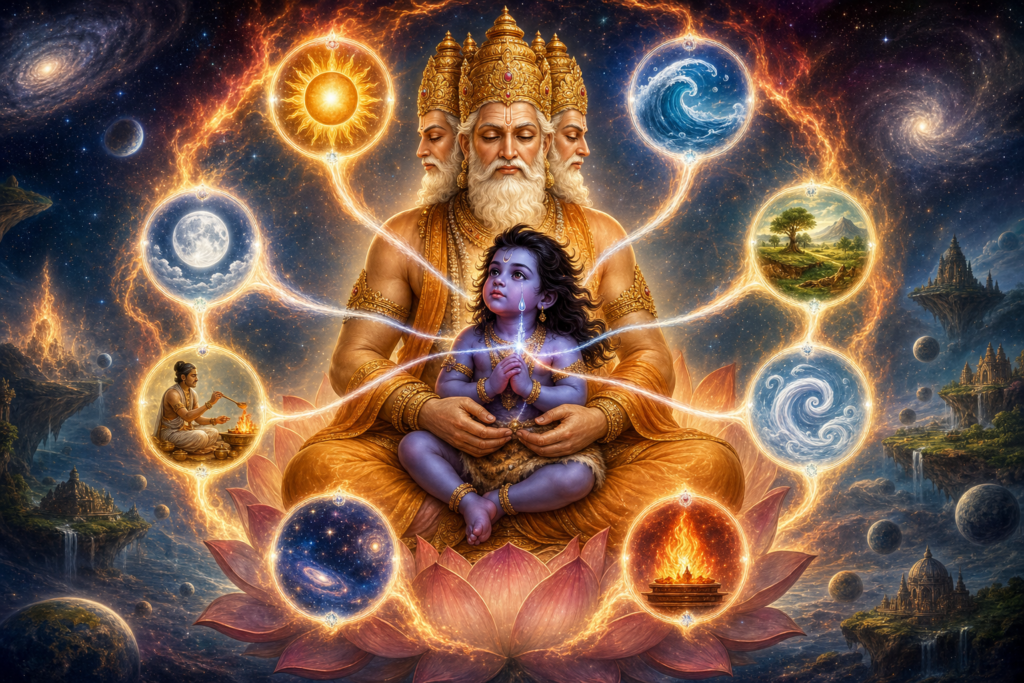 Four-faced Brahma cradles the tearful blue-violet child Rudra on a lotus, encircled by eight glowing cosmic emblems.