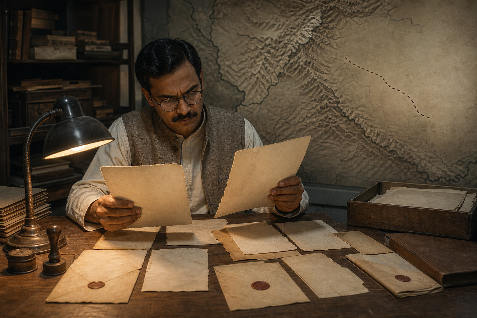 An archival researcher studies blank documents beside an unlabeled relief map of the mountainous frontier toward Afghanistan, where a trail fades before connecting.