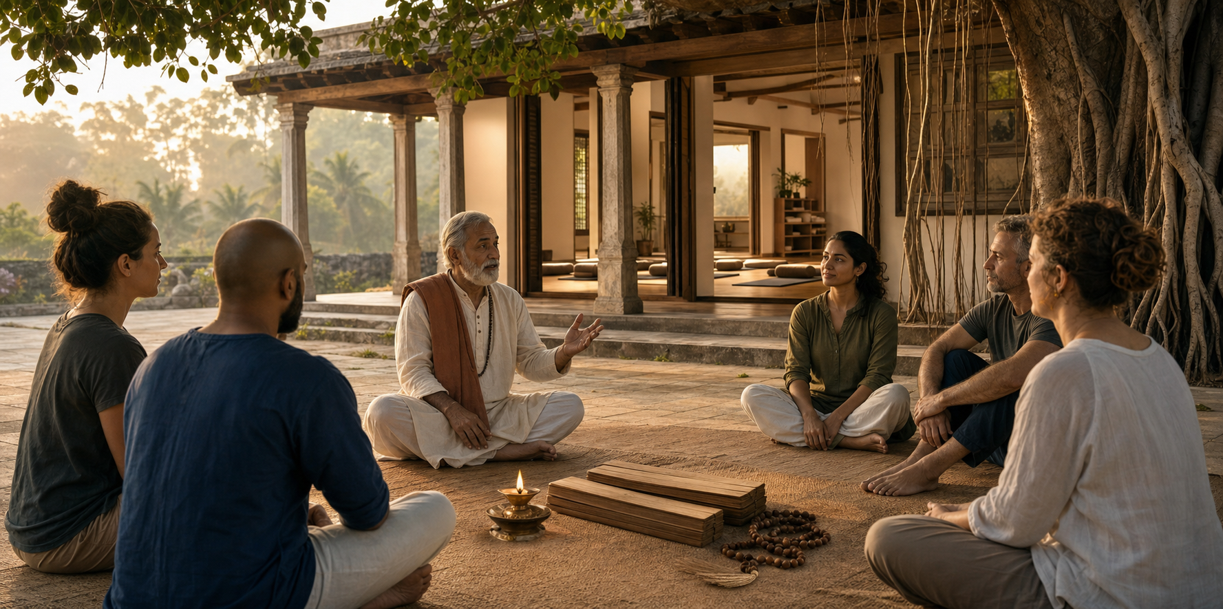 A Hindu yoga teacher sits with adult practitioners in a courtyard beside a woven mat, closed palm-leaf manuscripts, an oil lamp, and prayer beads.