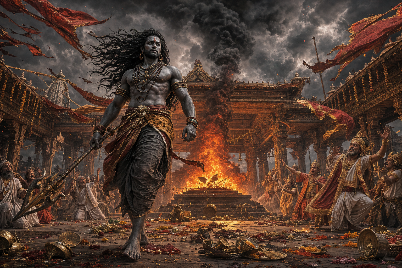 Virabhadra advances through smoke and fire as priests and celestial witnesses recoil inside Daksha's disrupted sacrificial pavilion.