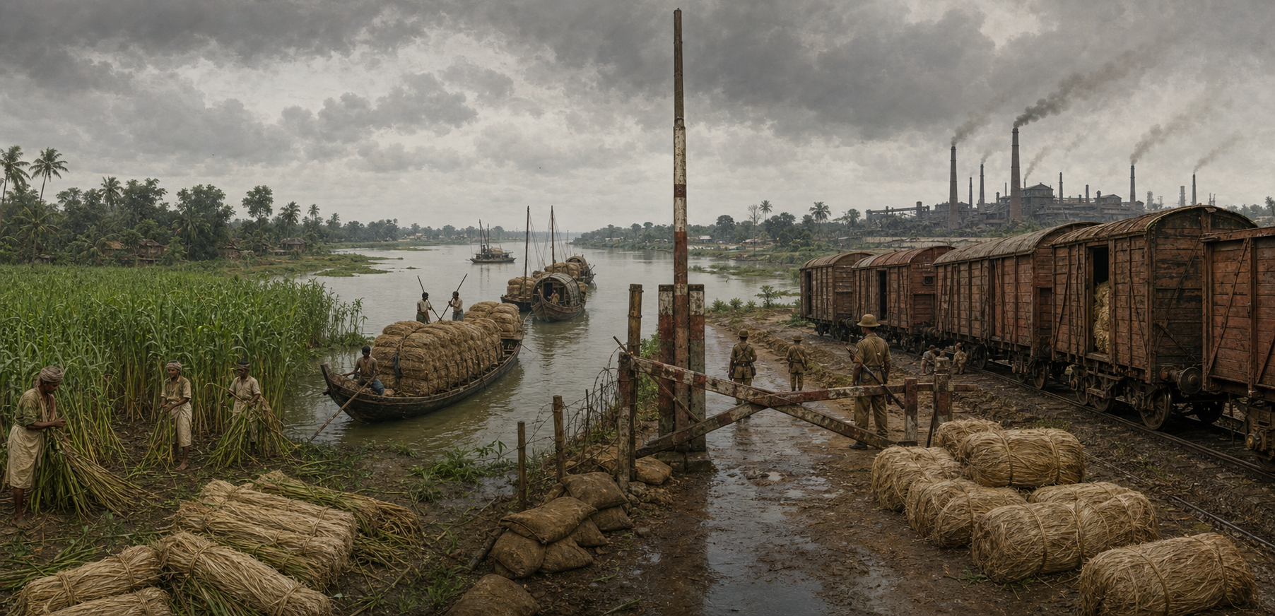 Jute fields, riverboats, railway wagons and distant mills form a supply chain interrupted by a guarded crossing.