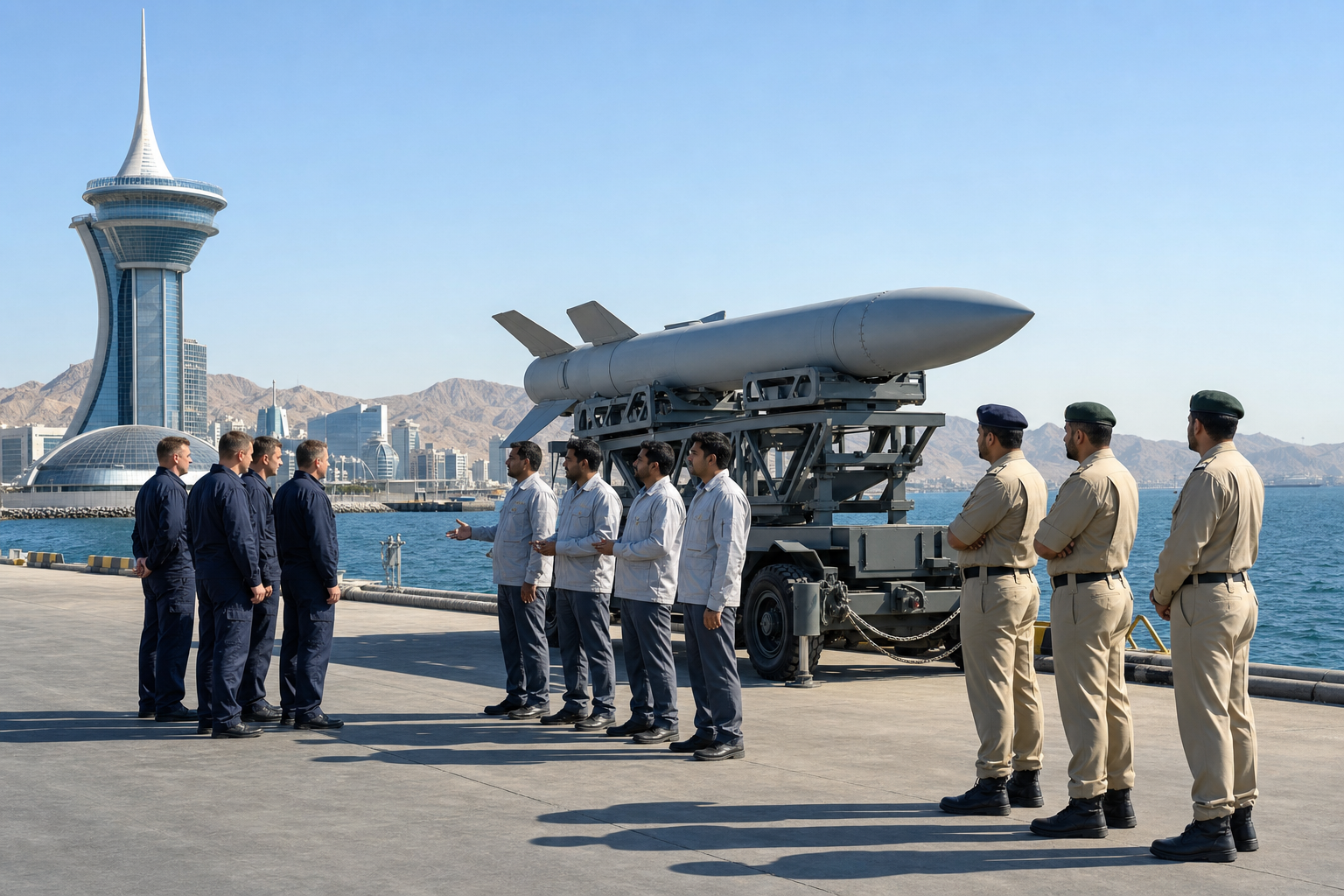 Indian engineers stand between Russian representatives and Emirati officers beside an unmarked cruise missile launcher on a Gulf coast.