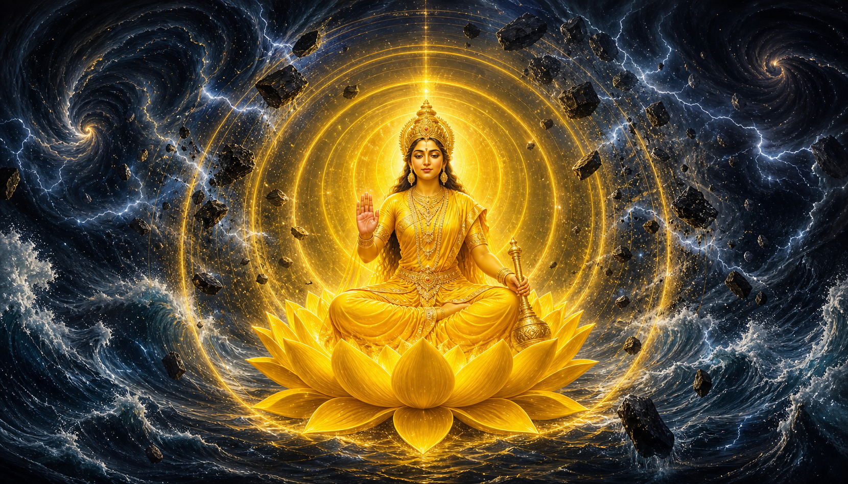 Goddess Bagalamukhi sits on a yellow lotus as golden light freezes lightning, waves, stones, and storm clouds around her.