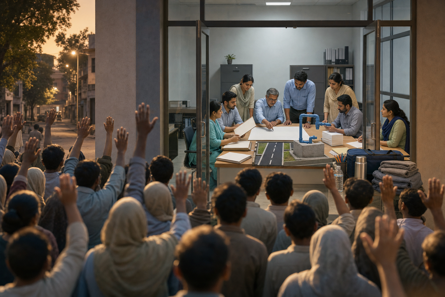 A peaceful public gathering stands outside a civic office where residents and administrators review public-service materials and blank files.