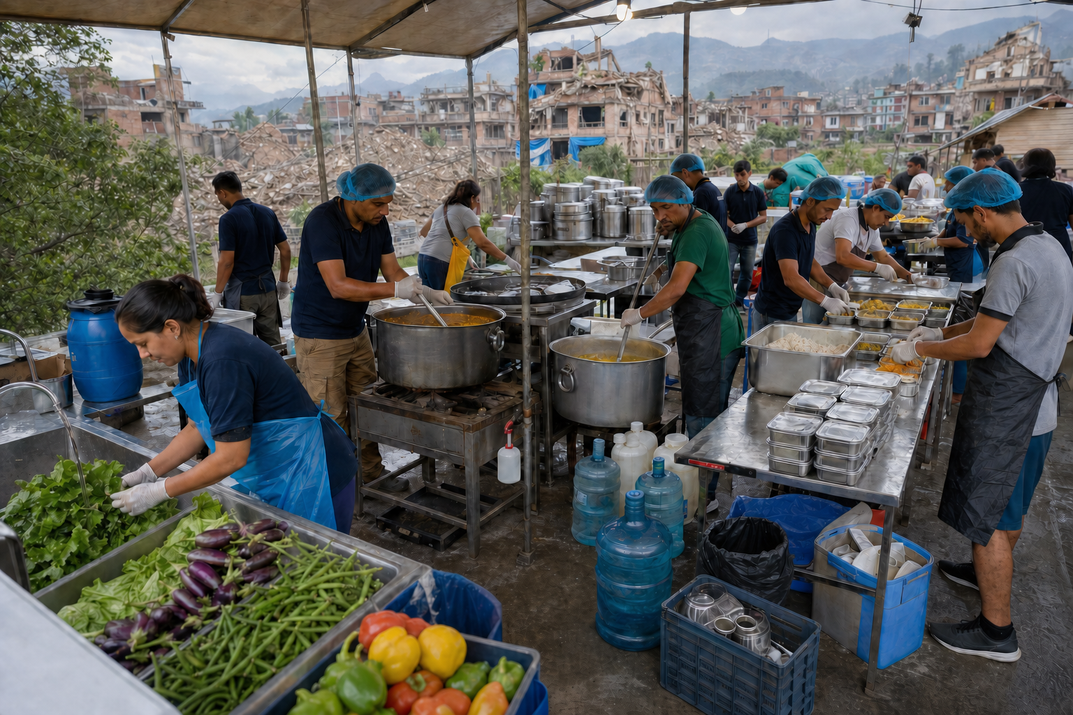 Volunteers prepare and package vegetarian meals in an organized outdoor relief kitchen with cooking, water and sanitation stations.