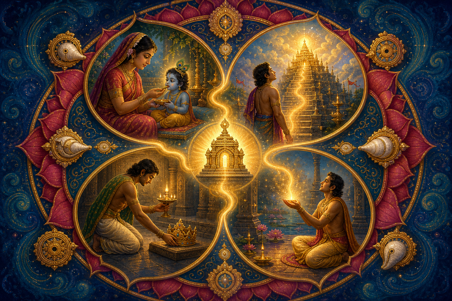 Four devotees express care, contemplation, renunciation, and surrender around a luminous central Vishnu icon.
