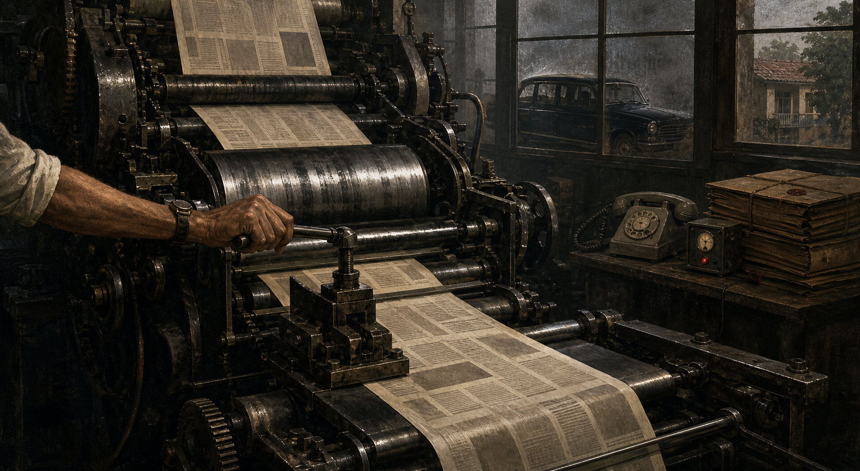 A 1970s newspaper press runs under shadow as a hand restrains the paper, with a telephone, official files, a waiting car and a distant home suggesting wider pressure.
