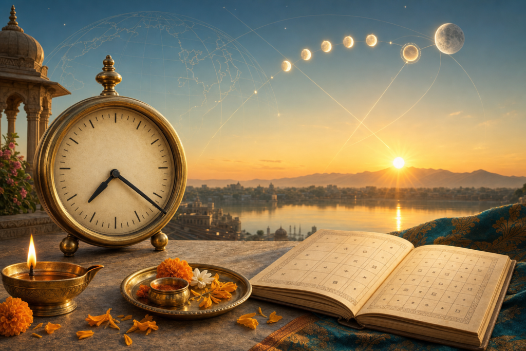 Brass clock showing 7:22 AM beside a diya and open Hindu almanac at sunrise, with lunar markers and celestial orbit lines overhead.