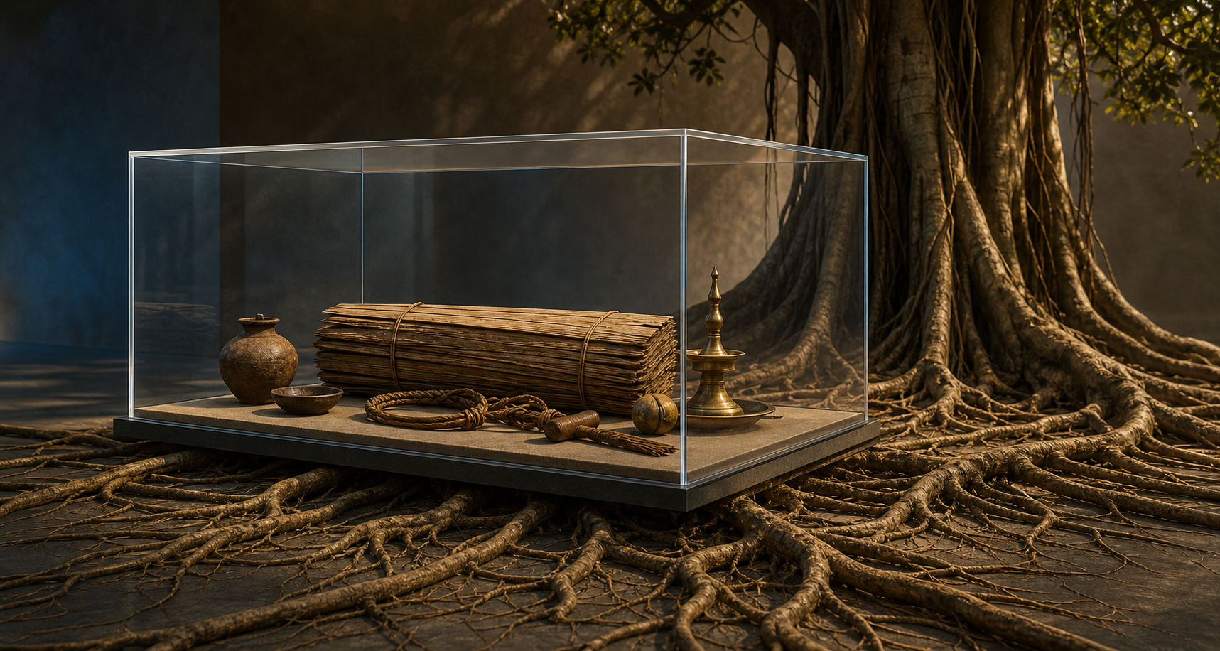 Palm-leaf manuscripts and traditional objects sit in a transparent display case while banyan roots extend beyond its boundaries.