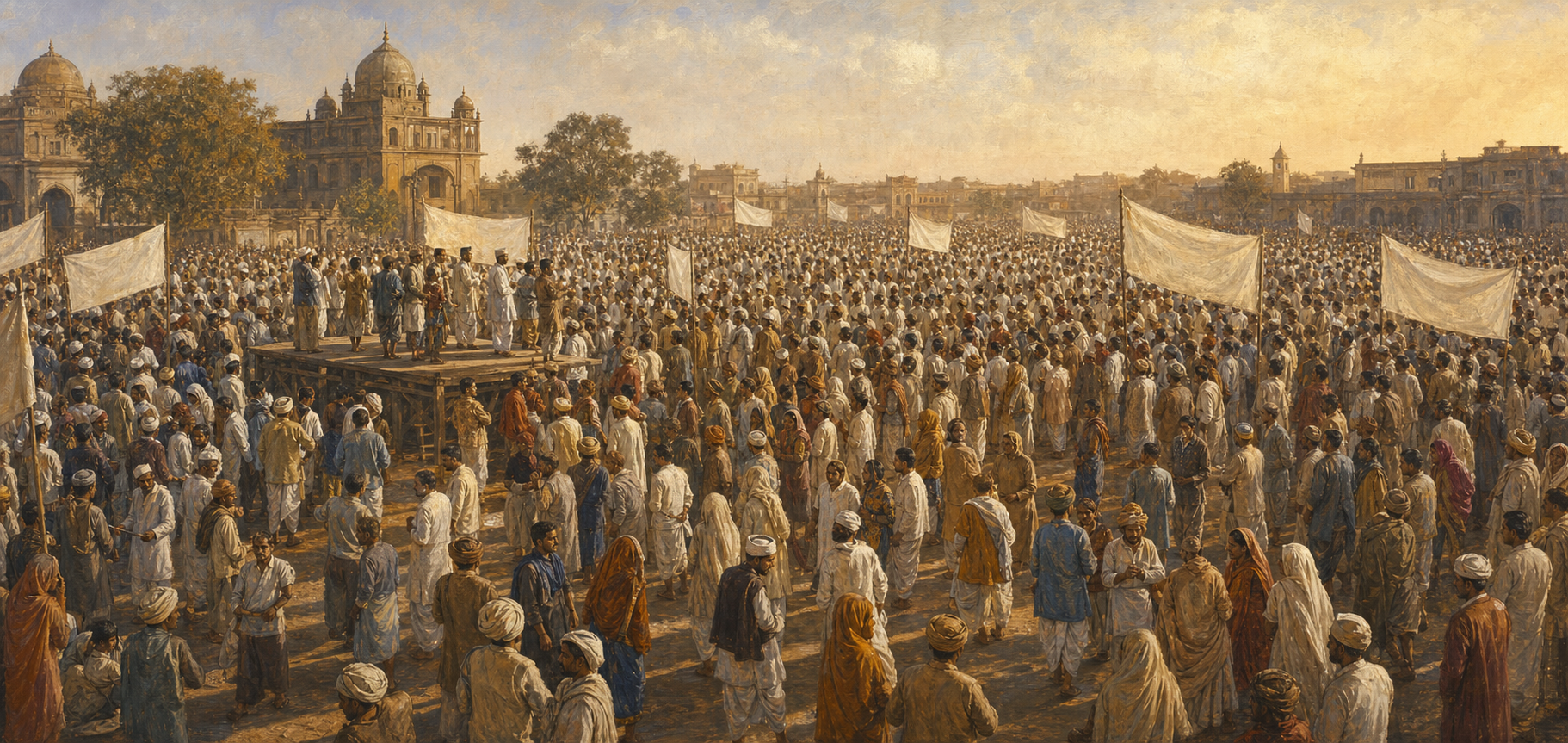 A large colonial-era Indian crowd gathers in a public square as organizers address participants who move in both shared and divergent directions.