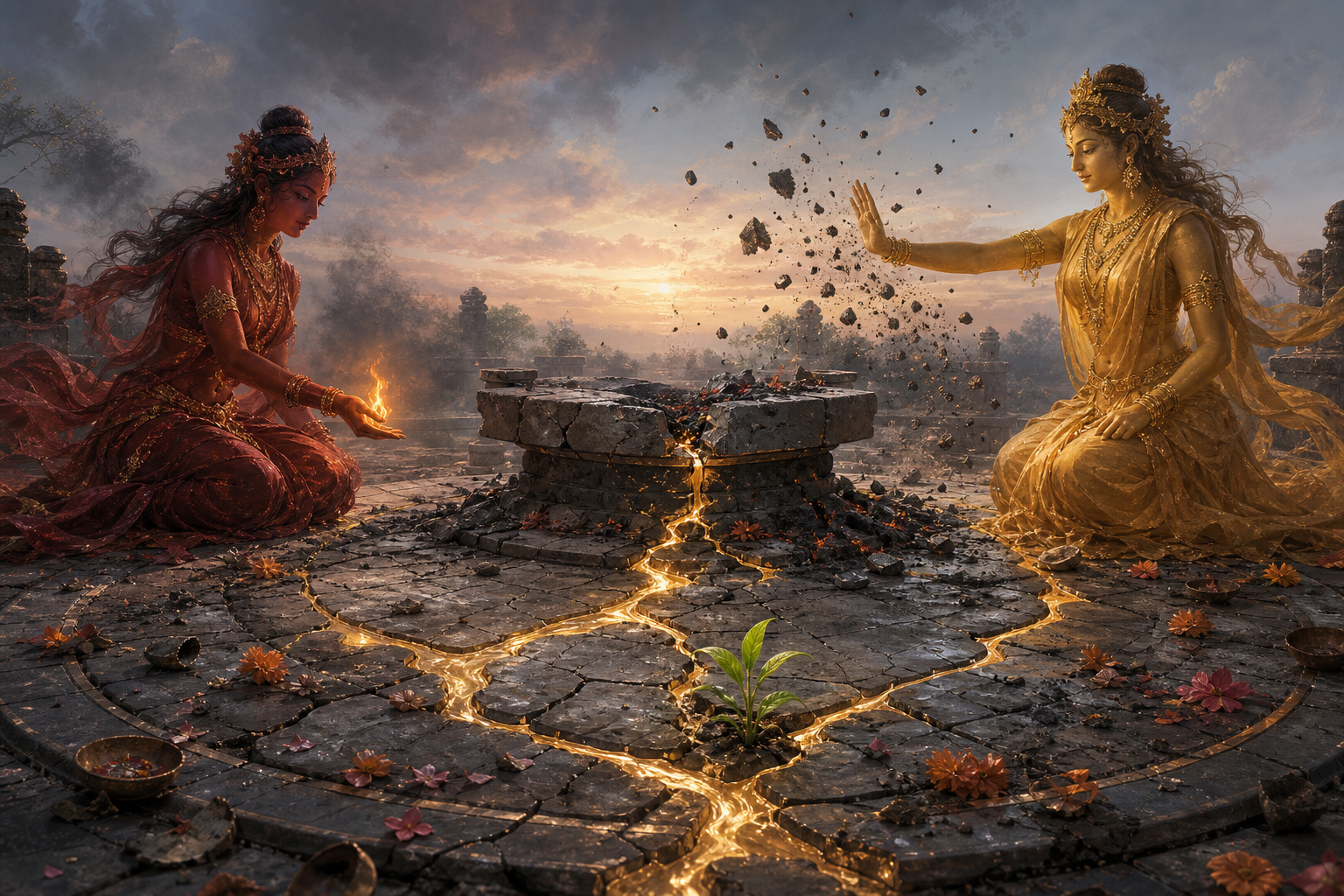 Crimson and golden divine figures stand beside a cracked ritual altar as glowing seams repair the floor and a green shoot emerges.