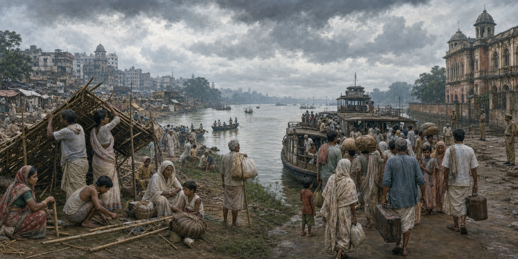 Families in a refugee settlement and at a crowded ferry landing illustrate different forms of post-Partition instability in the two Bengals.