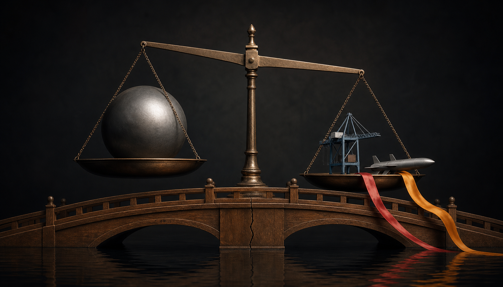 A precision balance holds a steel sphere opposite a miniature port crane and cruise missile above a bridge with a small crack.