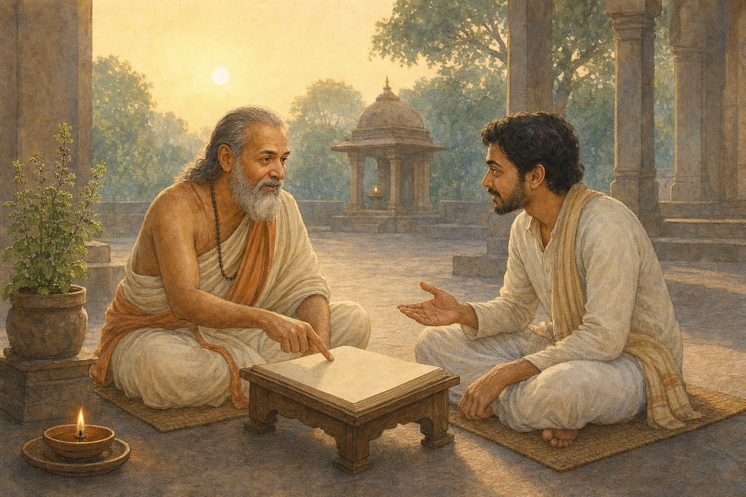A spiritual teacher and adult student discuss an open scripture manuscript together in a quiet temple courtyard at dawn.
