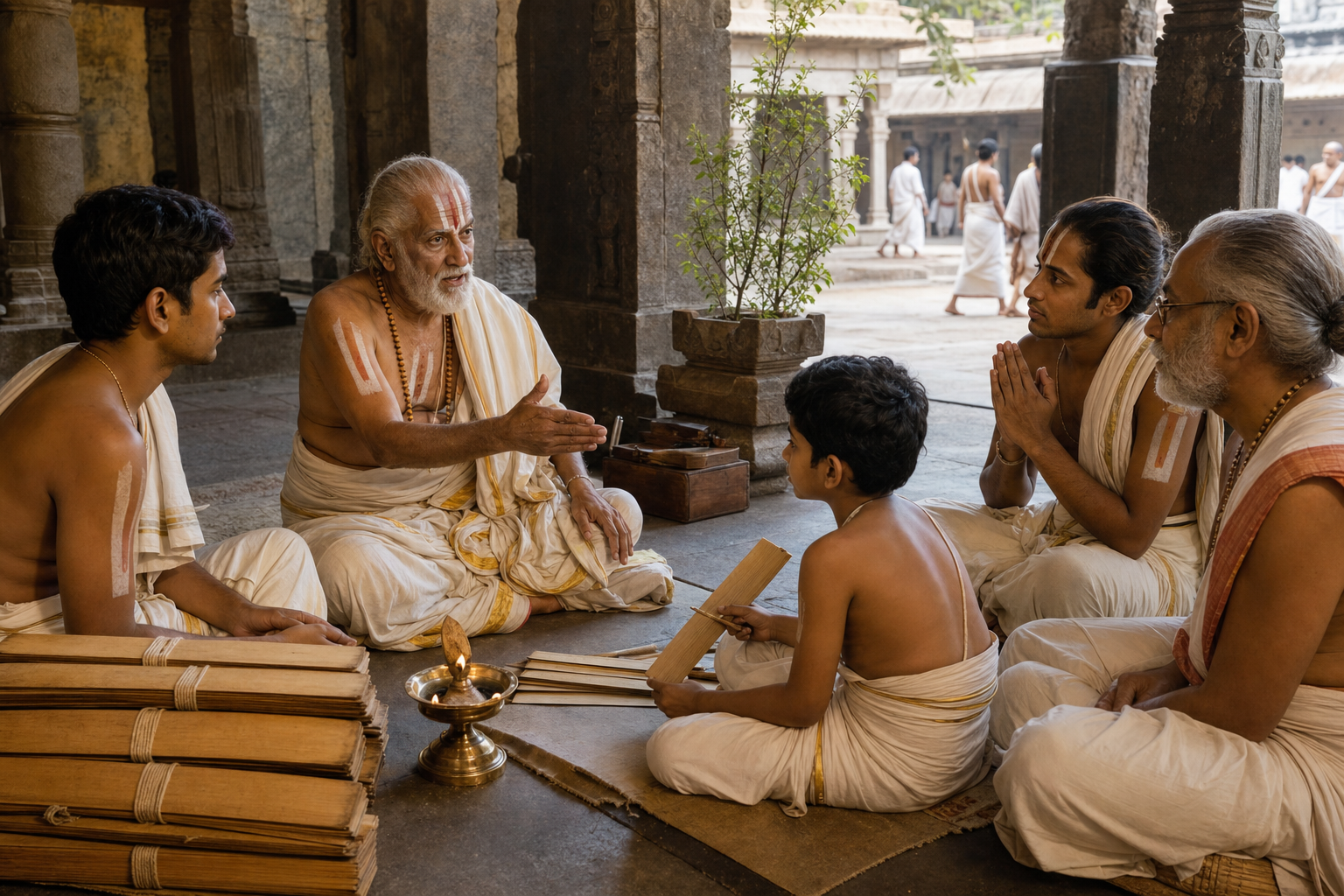 A Sri Vaishnava teacher instructs students beside palm-leaf manuscript bundles in a lamp-lit temple hall.