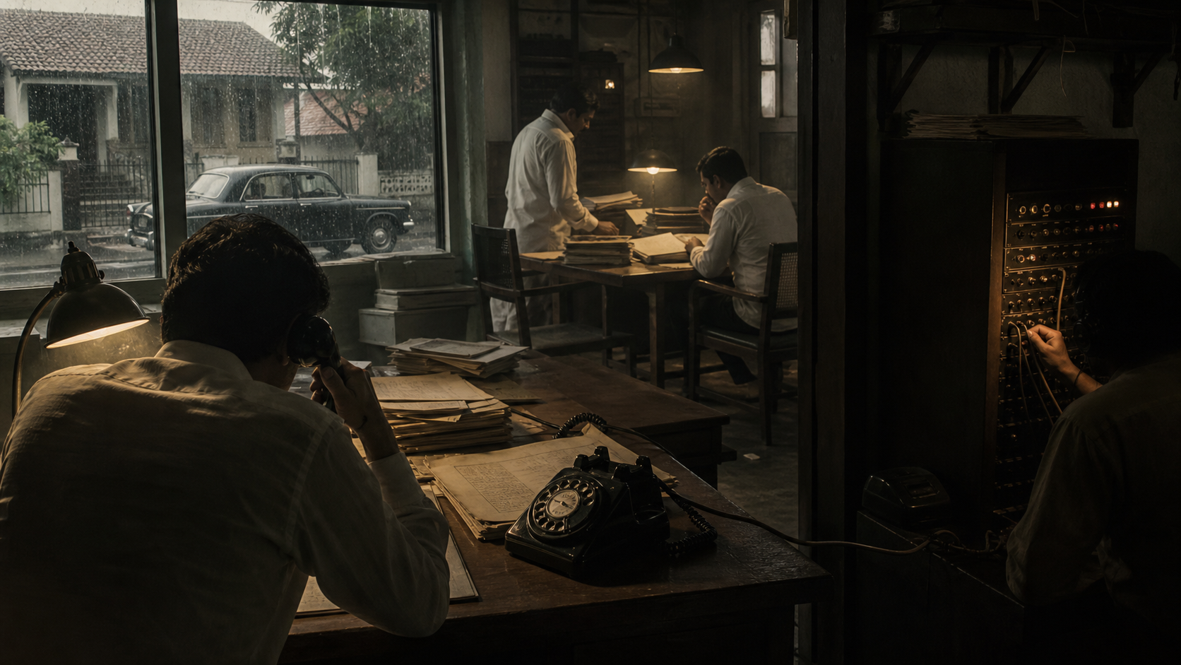An editor at a rotary telephone is overlooked by officials examining files, while a dark car waits near a family home outside.