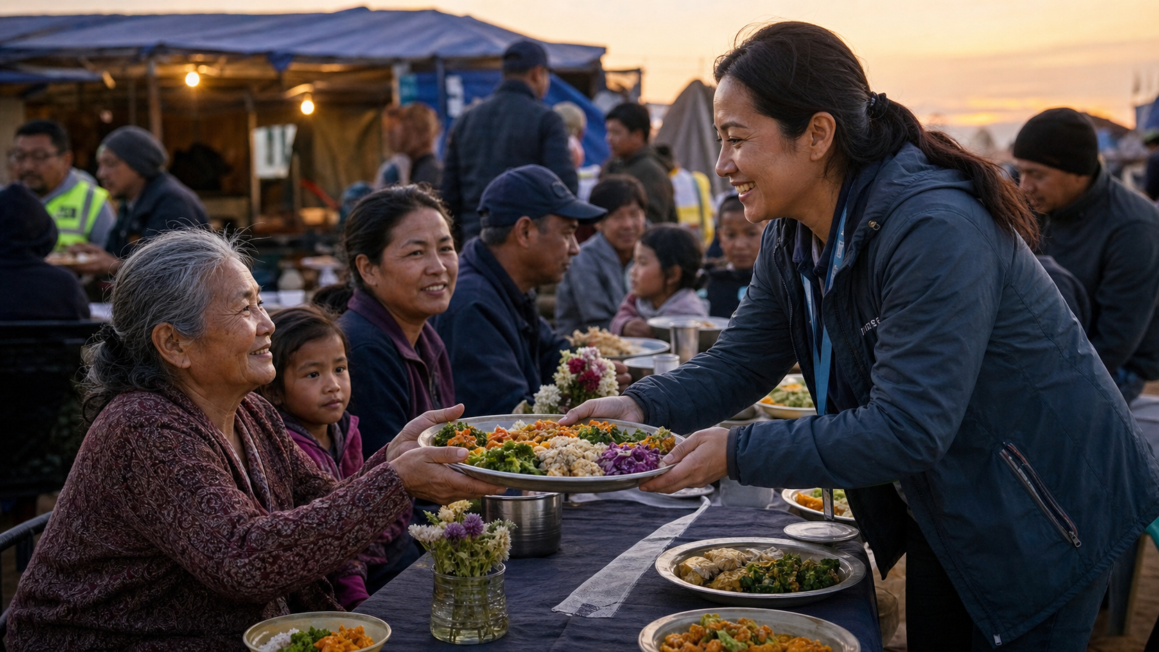 A volunteer respectfully serves a fresh vegetarian meal to an older resident at a communal recovery dining area.
