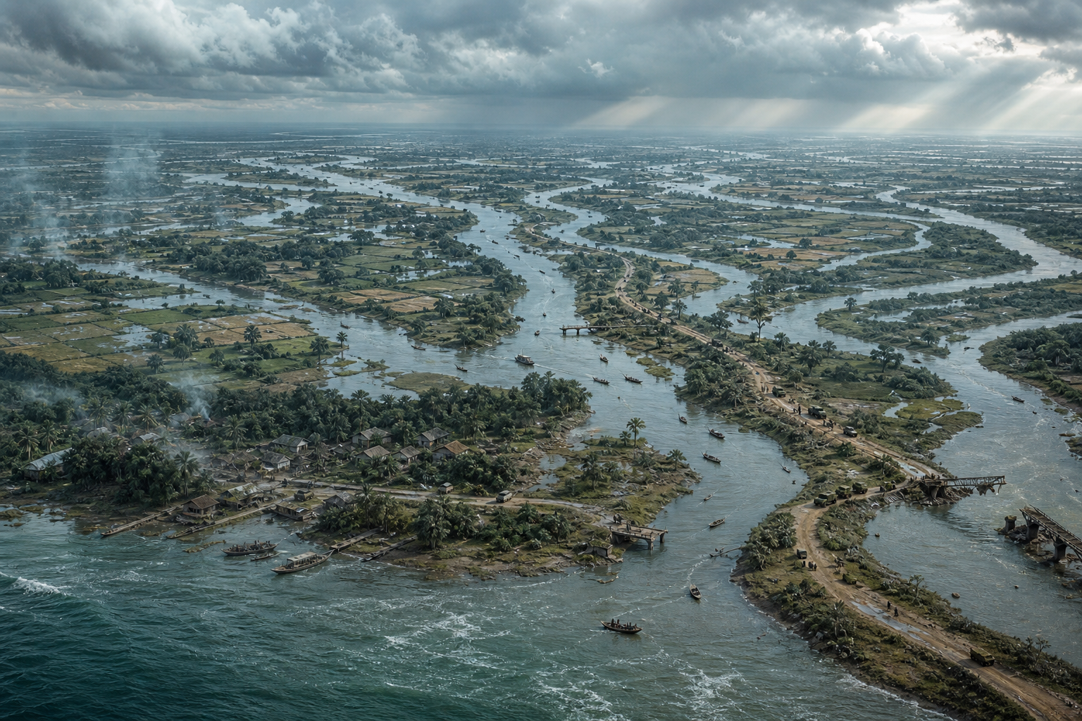 Aerial view of a river-filled delta with damaged bridges, ferries, villages and slowed military columns during the 1971 conflict.