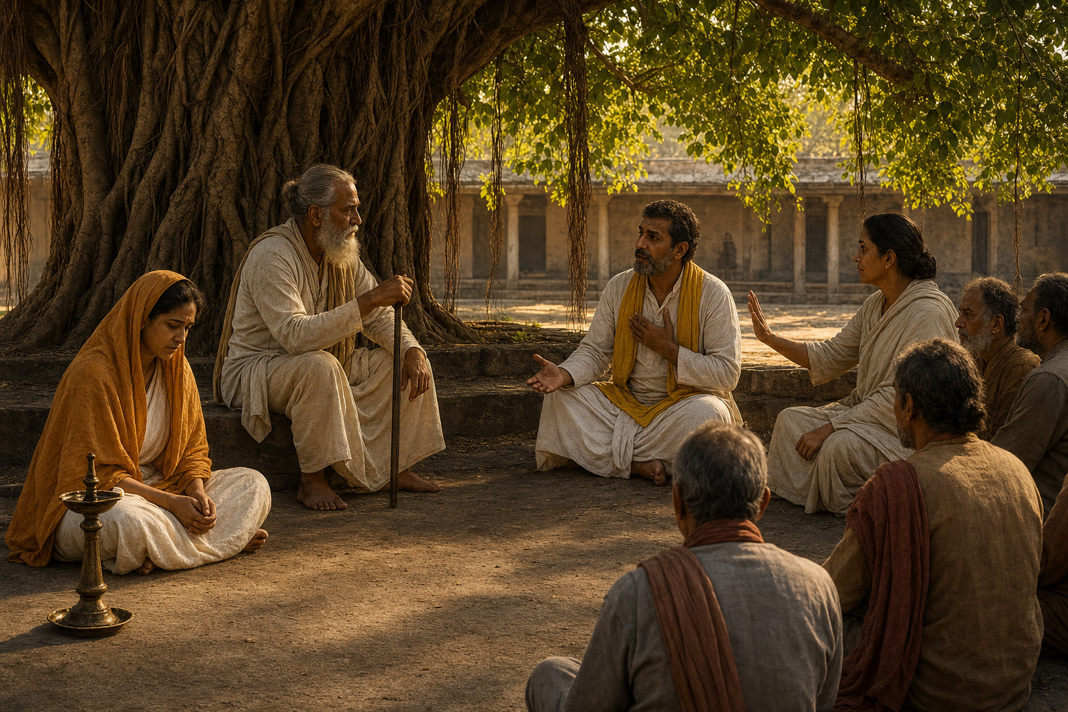 Four people sit beneath a banyan tree as a grieving woman is heard, an elder lowers a staff, a speaker pauses, and a mediator raises a calming hand.