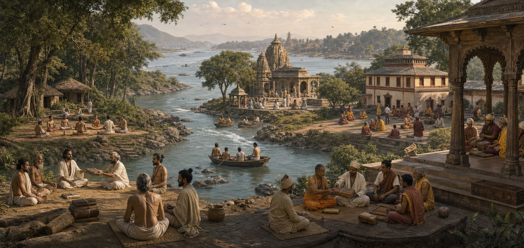 Practitioners and scholars meet near a river confluence linking a hermitage, temple courtyard, monastic compound, and pavilion.