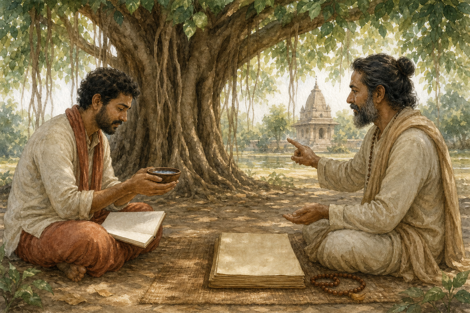 A student and teacher sit at the same level beneath a banyan tree, with an offering bowl, notebook, and scripture manuscript between them.