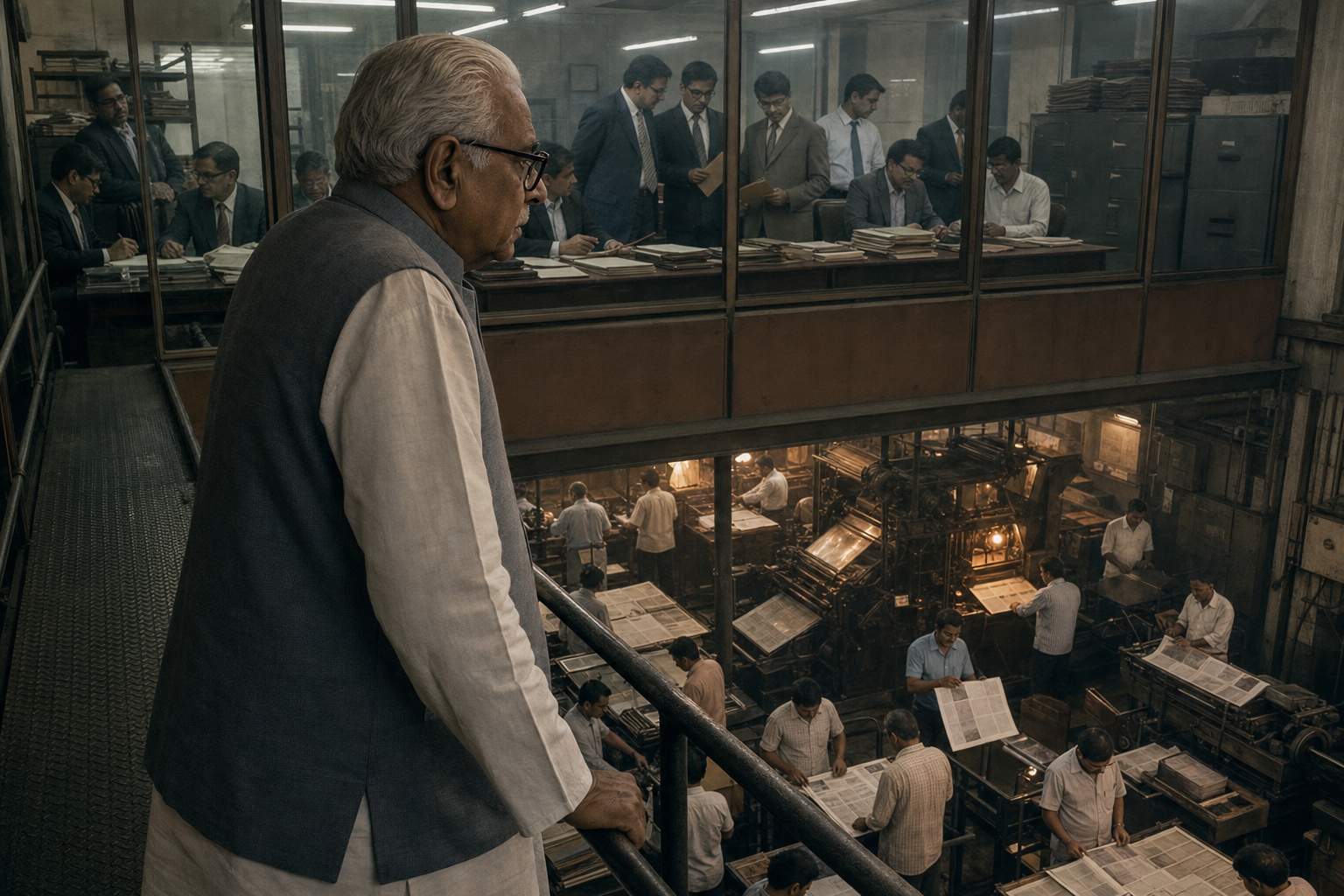 A fictional elderly newspaper proprietor overlooks journalists and press workers as officials confer behind a glass partition.