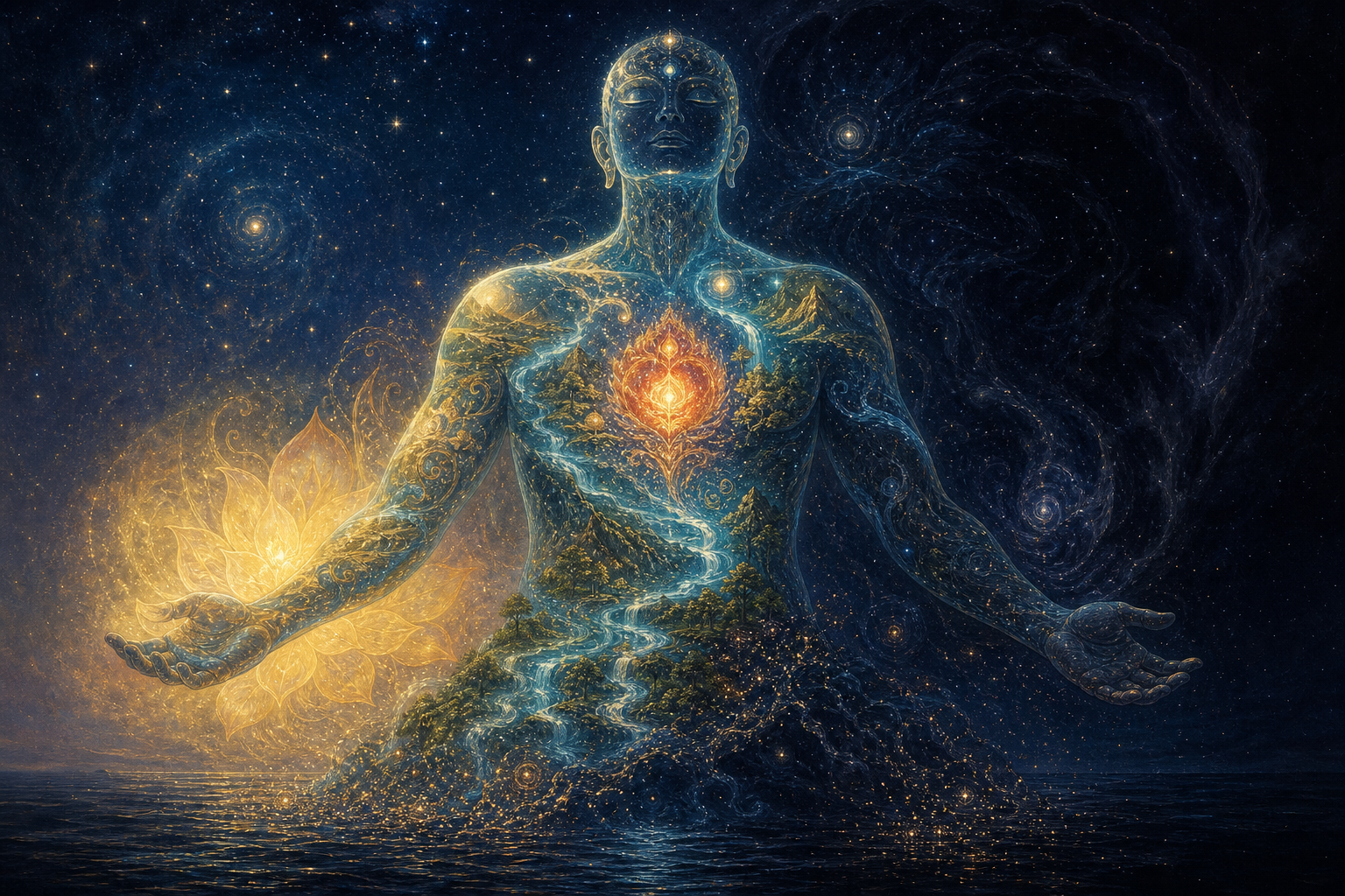 A translucent cosmic human form contains stars, mountains, rivers and a glowing heart while part of the figure dissolves into dark celestial waters.