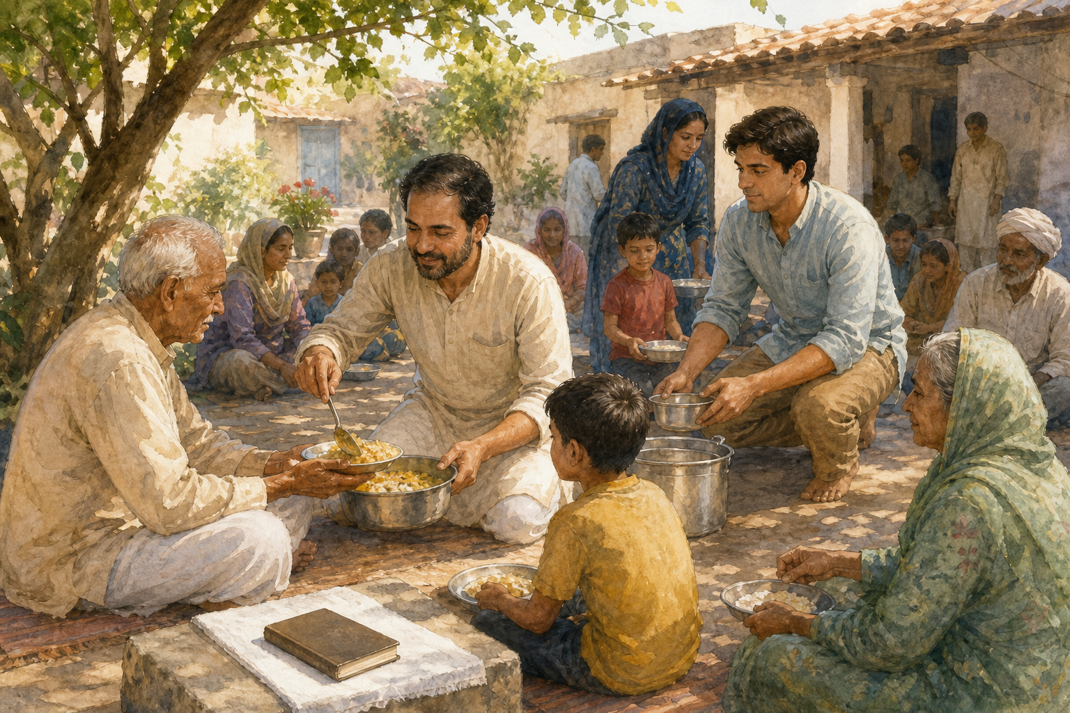 A teacher and student serve a simple meal together in a village courtyard while a closed scripture rests nearby.