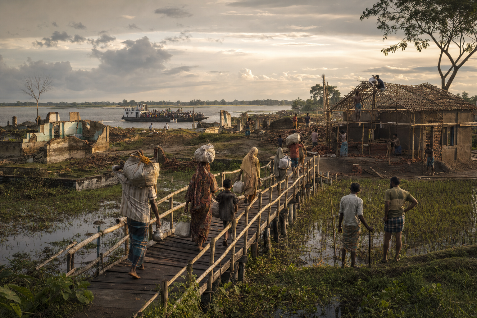 Returning families cross a repaired bridge while villagers rebuild homes in a landscape still marked by displacement and conflict.