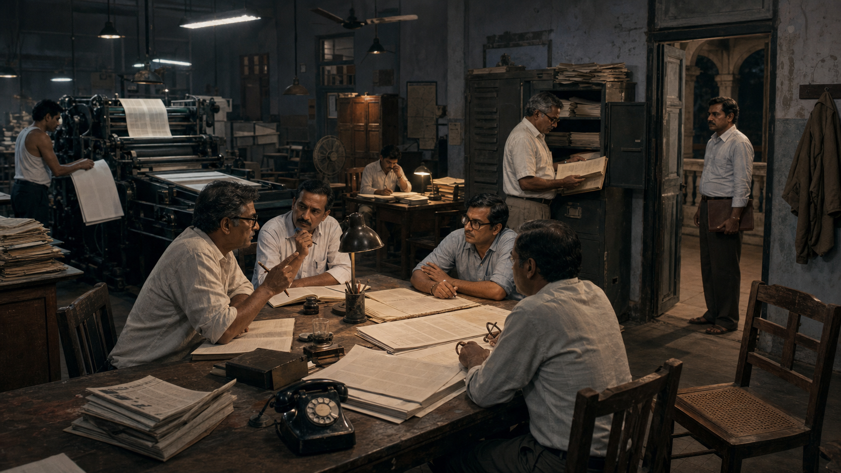 Editors, a printer, an accountant and a lawyer work late in a tense 1970s newsroom beside an empty chair and hanging coat.